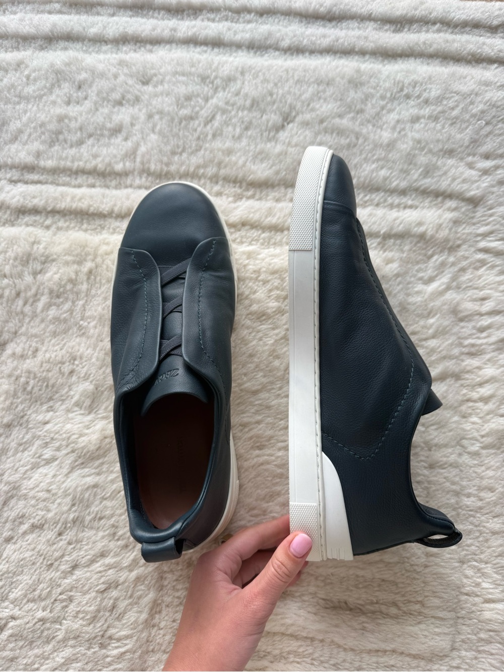 Zegna Triple Stitch Navy Leather Sneakers